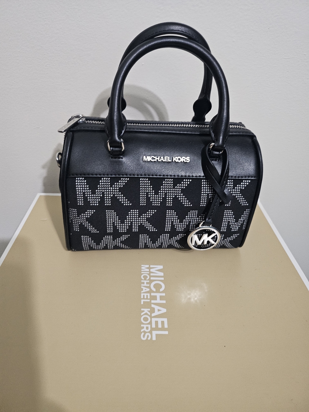 Michael Kors Black MK Logo Dome Satchel with Silver Charm